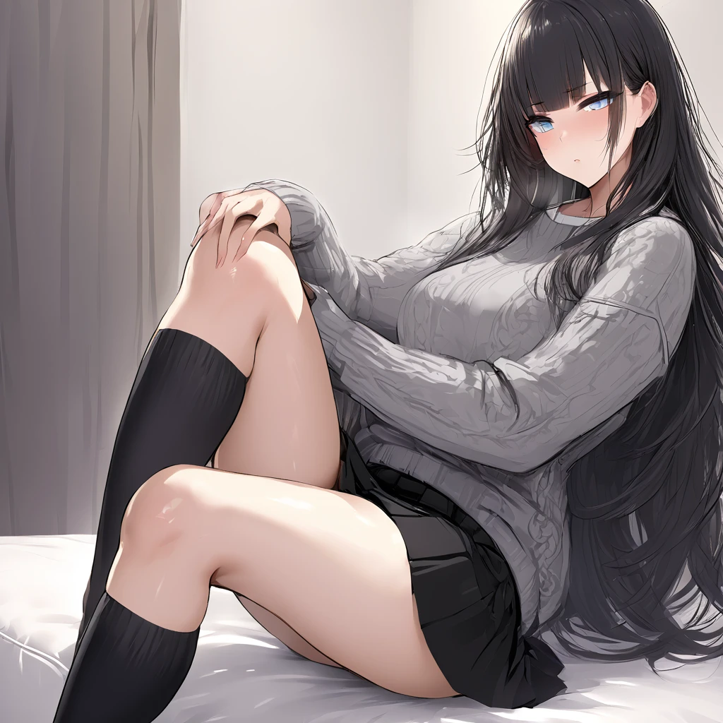 Masterpiece, Very detailed, Ultra-detailed, one beautiful woman, Beautiful woman - pleasant skin, Long hair and bangs on the sides, bright eyes, gray knit sweater, black knee socks, skirt