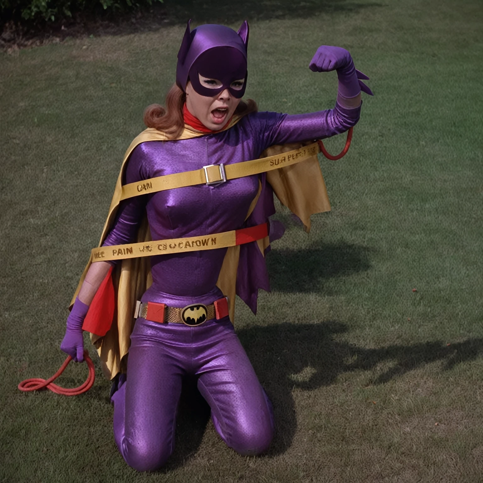 yvonne craig woman, standing with her purple outfit and yellow belt, she is standing, desperate, her waist is squeezed by a red rope which contracts and squeeze her body, she cant move while her waist is squeezed by the red rope causing wrinkles on her purple outfit, she is in pain with her shoulders shrugged, screaming as hard as she can with her eyes wide open looking to camera, she is in pain, we see her injures, 60's style, analog film, close up, on grass, film grain