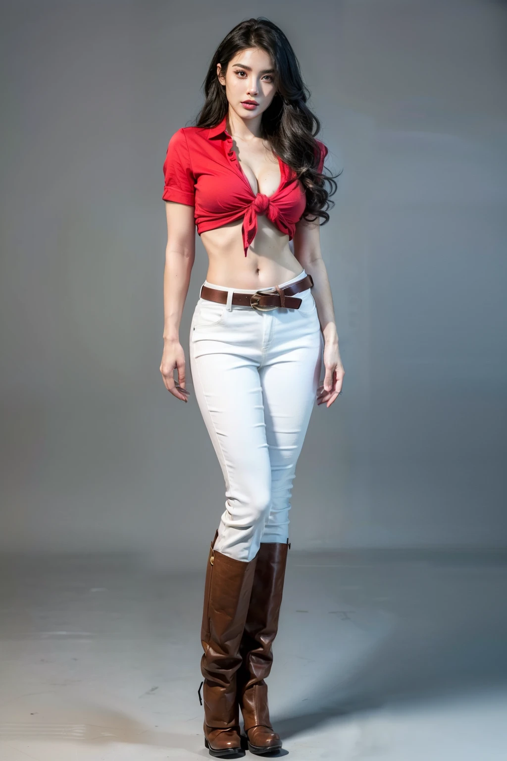 (RAW shooting, Photoreal:1.5, 8k, highest quality, masterpiece, ultra high resolution), perfect dynamic composition:1.2, Fight:1.2, Highly detailed skin and facial textures:1.2, 1girl:1,Caucasian:1,Glamourous female with a knife, beautiful and aesthetic:1.2, sexy beauty, perfect style, belief, Strong-willed, revenge, Fair skin, very beautiful face, (large breast:1.2,chest gap), (wearing a sexy casual clothes:1.2), (beautiful eyes, Eyes that feel beautiful eros:1.0), (Too erotic:0.9, Bewitching:0.9), (full body photo:2), (perfect limbs:1.2), (perfect fingers:1.2),(Hannah Dundee,makeup,white pants, red tied shirt, midriff, belt and brown leather knee boots, navel, a belt),(simple background:1),(knees together),(standing:2)