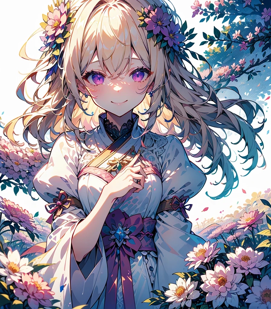 (Highest quality, masterpiece, Very detailedな, Very detailed, Exquisite, 16K,Full HD),(White Background:1.5),A little closer,Dramatic lighting,pastel colour,smile,(seems to be happy)grab the hem of the dress,sun光,grassland,null(Floating in the air),Soft lighting, ((alone:1.5)),(晴れ渡ったnull,青null,rainbow,sun,午前のnull,sunny),Gentle breeze,Magical Forest,flower,wood,flower畑,葉っぱとflowerびらが舞う,From above,((head shot)),画面いっぱいのflower,(Fairy Princess, Purple eyes, Long eyelashes,White skin,slim,pale pink plump lips,Pale pink cheeks, The wind is blowing,(Medium Hair,Wavy Hair,blonde),thin and long,(thin and high nose,Small Nose),(腰の少しFrom above巨大な妖精の羽:1.5),sunの光に反射した,sunの魔法,flowerのティアラ,Diamond Earrings,Diamond Choker,(Narrow waist,Fluffy white ball gown dress, Lace and frills),(smile:1.2), (Fantasy, Romantic atmosphere),