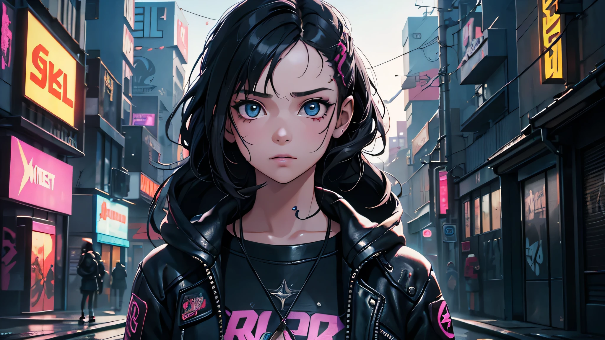 The cover of the magazine features a close-up of a young girl. She is standing on the street, leaning against a wall that is decorated in a graffiti style, reminiscent of the cyberpunk 2077 universe. The highest level of detail is given to her face and eyes, creating a true masterpiece.