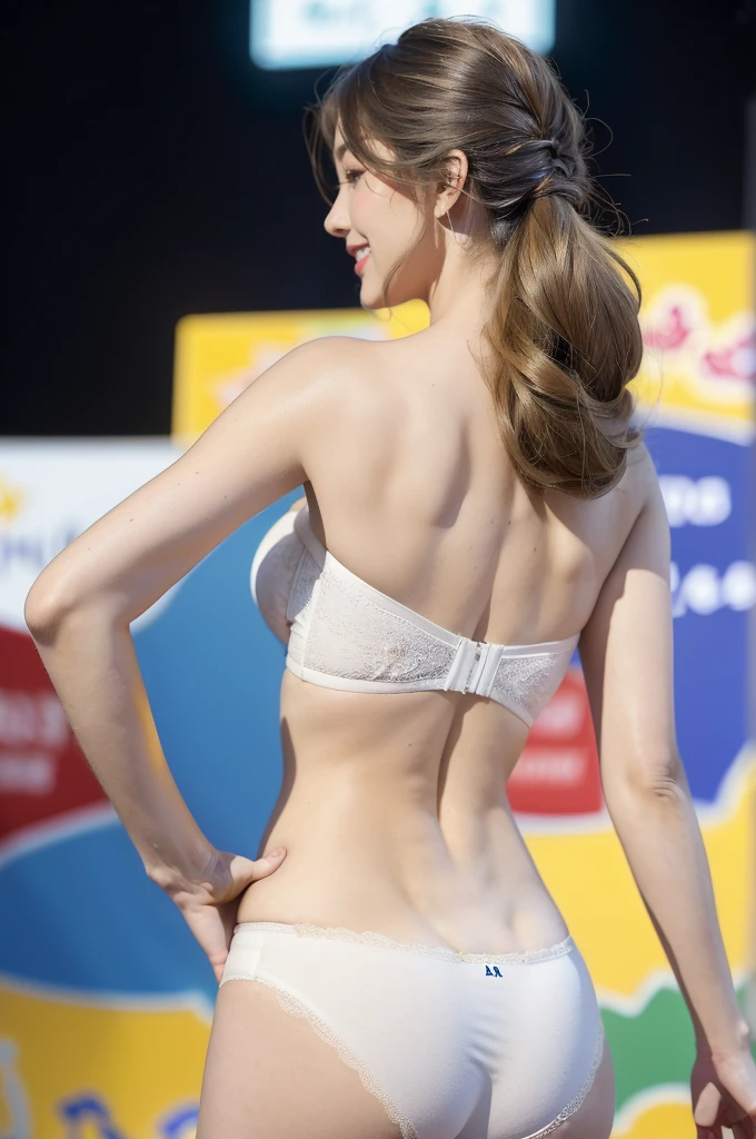(((best quality))),(((ultra detailed))),(((masterpiece))),illustration,((a beautiful girl,solo)),(shoulder length straight hair:1.2),((slim,thin)),(bare back:1.5),((towering hips,butt crack)),(strapless white bra:1.5),(blue briefs:1.3),(slender legs:1.2),(sneakers:1.3),(standing:1.3),(on the stage:1.3),((outside a shopping mall, at the entrance of a beer promotional event)),((surrounded by crowded crowds)),((hair fluttering)),expressive eyes,infectious smile,the stage adorned with colorful decorations,vibrant atmosphere,(night scene:1.3),(from back:1.3),(upper body:1.3),