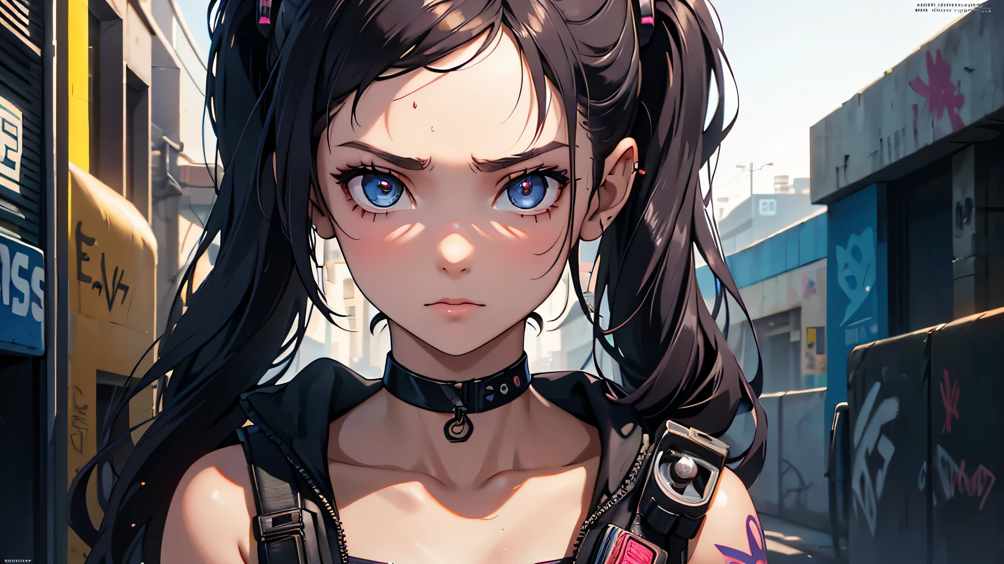 The cover of the magazine features a close-up of a young girl. She is standing on the street, leaning against a wall that is decorated in a graffiti style, reminiscent of the cyberpunk 2077 universe. The highest level of detail is given to her face and eyes, creating a true masterpiece.