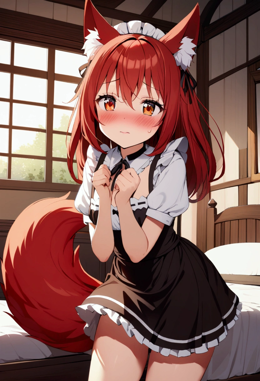 1girl with long red hair, amber eyes, fox ears, fox tail,maid uniform with shirt skirt, blush shy face, bedroom, indoors, fantasy world house, red panties