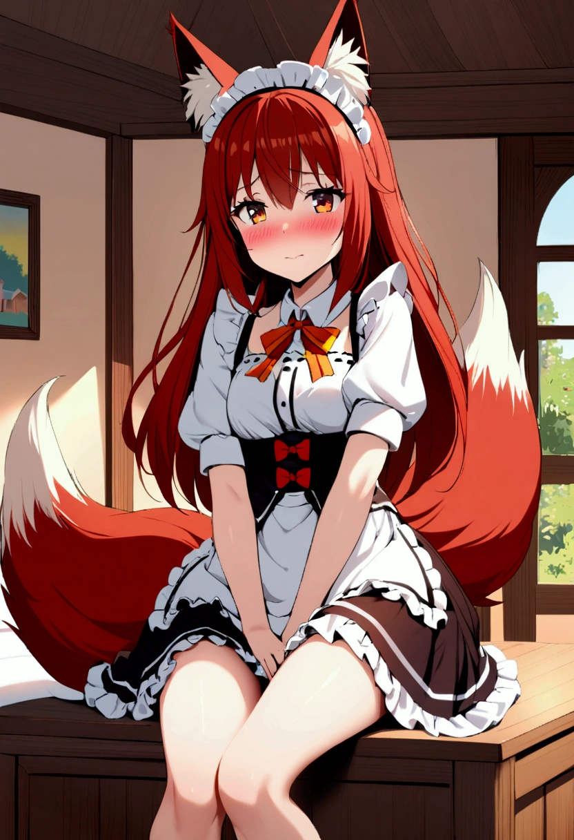 1girl with long red hair, amber eyes, fox ears, fox tail,maid uniform with shirt skirt, blush shy face, bedroom, indoors, fantasy world house, red panties