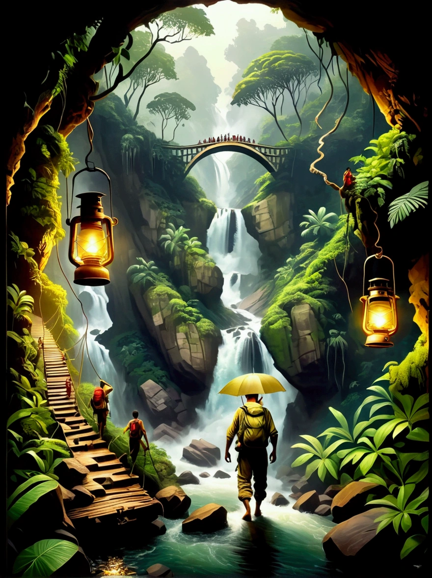 This is a picture full of exciting jungle adventure theme，Demonstrated resilience in the face of adversity，The background of the picture is a dense rainforest，Depicts a middle-aged white man and a young Middle Eastern woman，Both were dressed in rough clothing，Getting ready for a hike in the jungle，In a fierce storm，They crossed a dangerous rope bridge，There is a turbulent river under the bridge，On the top of a distant mountain，A figure holding a lantern，Bringing hope and inspiration to people，This image symbolizes courage in the face of adversity，Determination and tenacity，Emphasizes the indomitable spirit of human beings