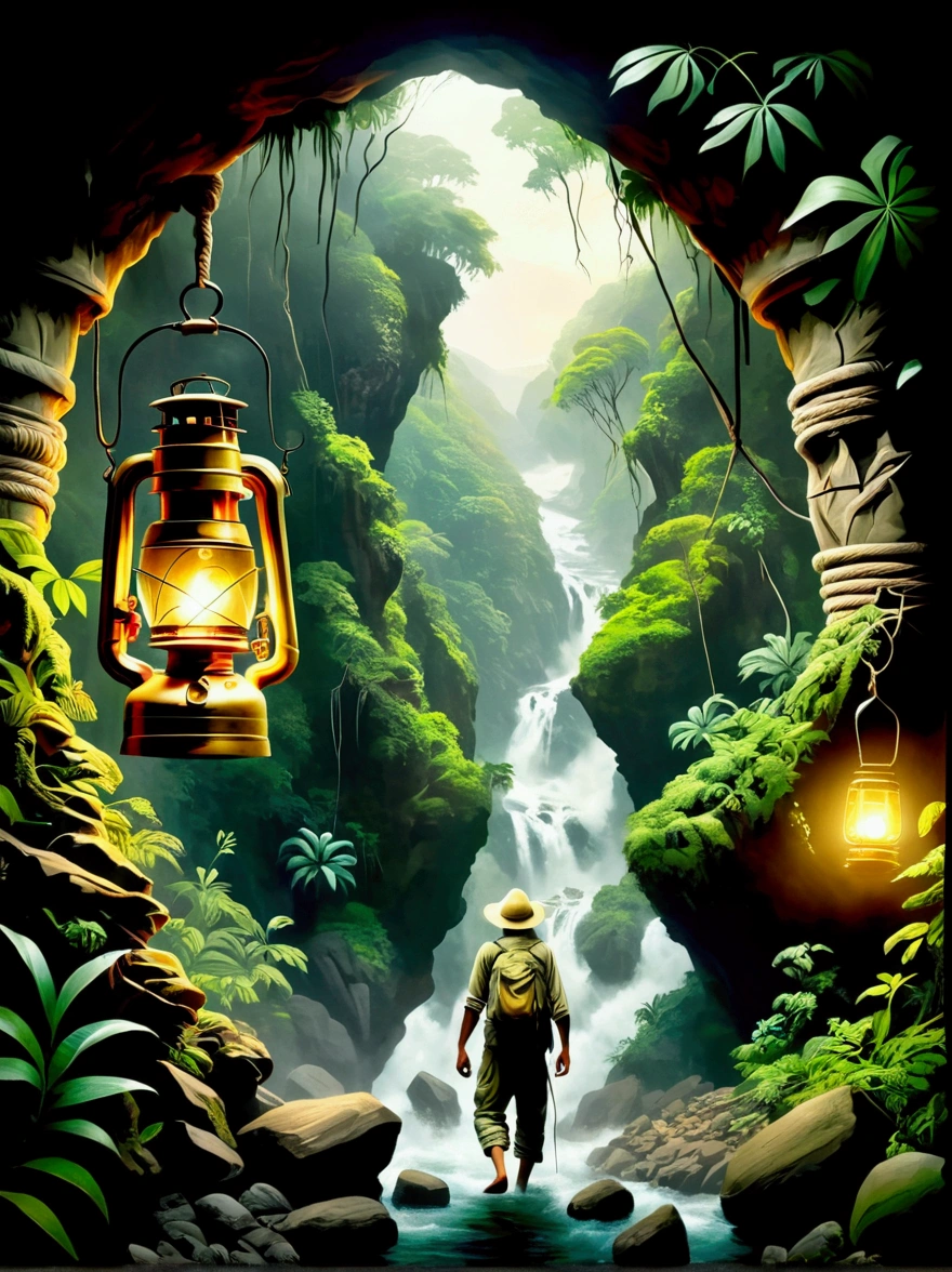 This is a picture full of exciting jungle adventure theme,Demonstrated resilience in the face of adversity,The background of the picture is a dense rainforest,Depicts a middle-aged white man and a young Middle Eastern woman,Both were dressed in rough clothing,Getting ready for a hike in the jungle,In a fierce storm,They crossed a dangerous rope bridge,There is a turbulent river under the bridge,On the top of a distant mountain,A figure holding a lantern,Bringing hope and inspiration to people,This image symbolizes courage in the face of adversity,Determination and tenacity,Emphasizes the indomitable spirit of human beings