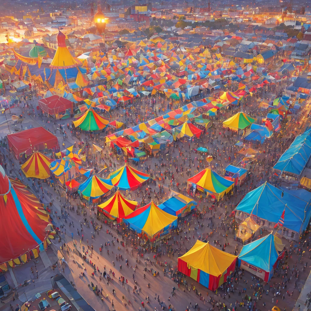detailed circus tent in the middle of a town square, 1 large circus tent, old-fashioned circus, big top tent, colorful circus stripes, crowds of people, lively atmosphere, performers, acrobats, clowns, elephants, tall circus poles, lanterns hanging, old-fashioned architecture, cobblestone street, (best quality,4k,8k,highres,masterpiece:1.2),ultra-detailed,(realistic,photorealistic,photo-realistic:1.37),vibrant colors,dramatic lighting,cinematic composition