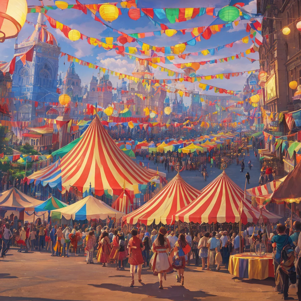 detailed circus tent in the middle of a town square, 1 large circus tent, old-fashioned circus, big top tent, colorful circus stripes, crowds of people, lively atmosphere, performers, acrobats, clowns, elephants, tall circus poles, lanterns hanging, old-fashioned architecture, cobblestone street, (best quality,4k,8k,highres,masterpiece:1.2),ultra-detailed,(realistic,photorealistic,photo-realistic:1.37),vibrant colors,dramatic lighting,cinematic composition