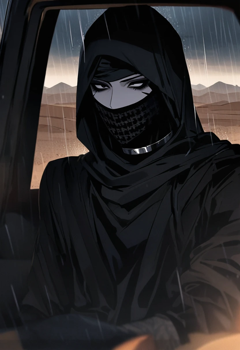 Male arab modern terrorist, terrorist, black balaclava, black bandage, black clothes, thin waist, skinny body, femboy, black eyes, light skin, makeup, black eyeliner, big eyelashes, black eyeshadow, metal choker,  light tanned skin, inside the car, desert, rain, night