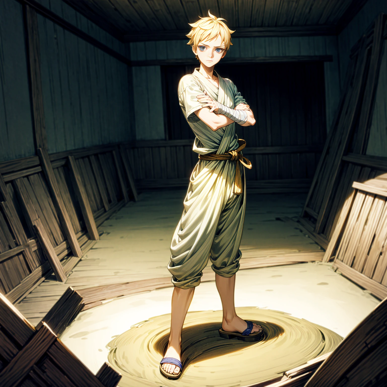 1boy, Full body version, 1character, blue eyes, sad eyes,  short haircut, blonde color hair, bandage on head, casual style outfit, sandals, Grassroots, full background indoor building, motion blur, (one piece style art), standing gesture 