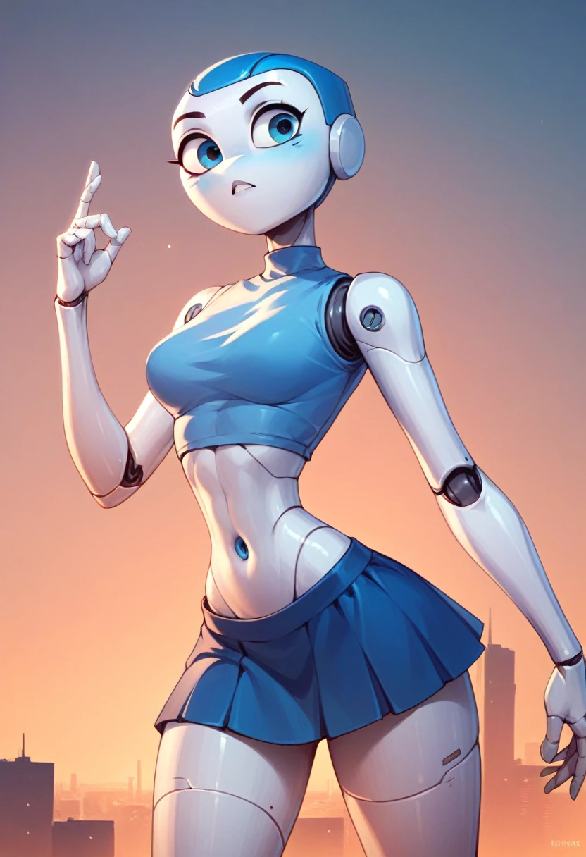 High quality portrait of Jenny Wakeman fighting aliens in a futuristic city. Day time. Robot body, robot joints. Blue bolt on belly button, blue mini skirt , hyper
