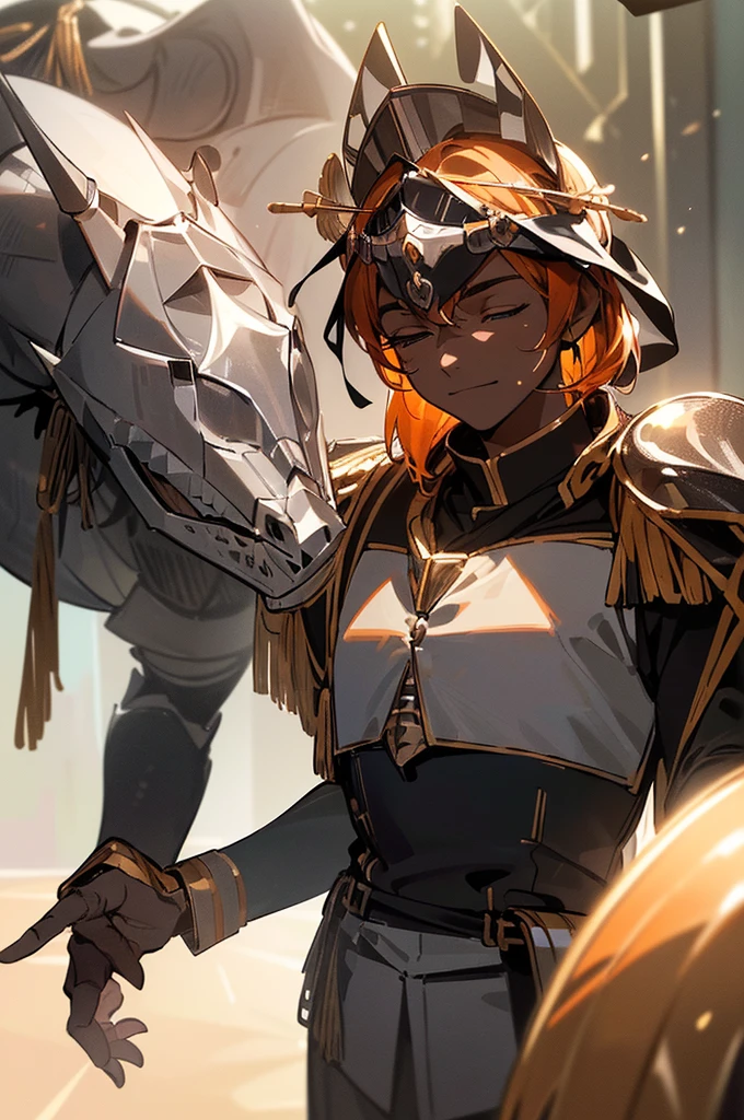 {masterpiece, distinct_image, extremely detailed CG, (extremely detailed fine touch:1.2),beautiful eyes and detailed face, (white_light, light rays, dappled light, ray tracing:1.2), photo realistic, 4k, 8k, high_resolution, anime style boy, (perfect_finger:1.5), (beautiful_detailed_eyes:1.3), glitter, white_light, (glow_black_face, front_light:1.3),{1boy, face_focus, looking for_in_viewer, cowboy_shot, standing},{adult,muscular, (knight uniform, epaulettes, headdress, black skin:1.7),(orange hair, Two-block dandy-cut, closed eyes, bangs:1.3), smiling face}