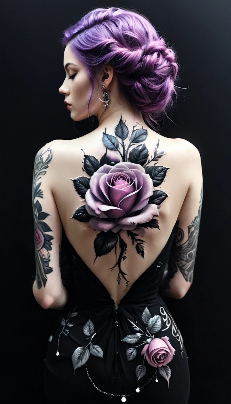 arafé, Dark art fantastique, art fantastique, art gothique, a drawing of a minimalist tattoo on le back of a sublime women, un tatouage brillant d’une Artflwr ((rose blanche: 1.3)) on the woman's back, le ((Tatouage de roses)) est vif avec un effet 3D sortant de son dos, intricate detailed coming to life from le ink to real life, GlowingRunesAI_violet, shoot taken from le back, ((le back is visible: 1.3), le dress is elegant, écoulement, that le tattoos glow, couleur de cheveux faize dynamique, coiffure dynamique, intéresser, peinture numérique