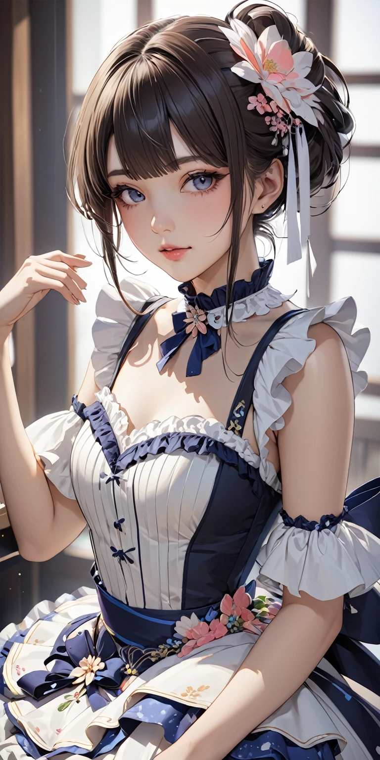 Portraiture、(masterpiece,Highest quality,Ultra-high resolution),Japanese women, (((Very beautiful 25 year old girl))),She is wearing a frilly idol-like dress.