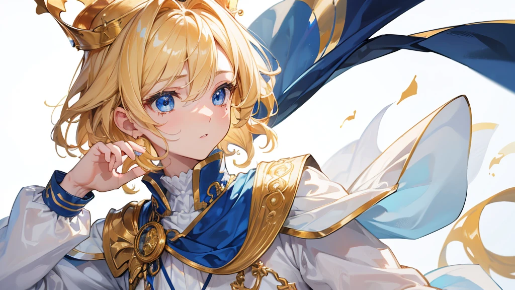 (Highest quality)　(4K)　(8k)　(High resolution)　(masterpiece:1.2)　(Super detailed)　One boy　short hair　Wizard　Blue Eyes　Long sleeve　Golden decoration　Hair between the eyes　White Dress　Wavy golden hair　Upper Body　(large crown)　(White Background)　profile　Face close-up　Are crying