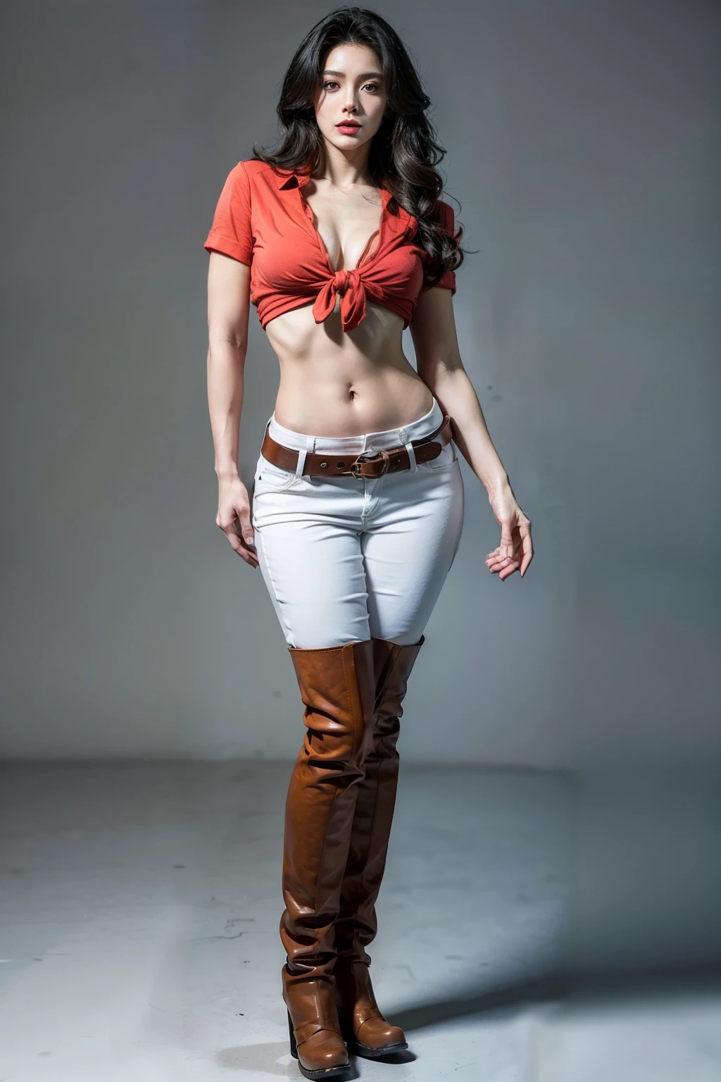 (RAW shooting, Photoreal:1.5, 8k, highest quality, masterpiece, ultra high resolution), perfect dynamic composition:1.2, Fight:1.2, Highly detailed skin and facial textures:1.2, 1girl:1,Caucasian:1,Glamourous female with a knife, beautiful and aesthetic:1.2, sexy beauty, perfect style, belief, Strong-willed, revenge, Fair skin, very beautiful face, (large breast:1.2,chest gap), (wearing a sexy casual clothes:1.2), (beautiful eyes, Eyes that feel beautiful eros:1.0), (Too erotic:0.9, Bewitching:0.9), (full body photo:2), (perfect limbs:1.2), (perfect fingers:1.2),(Hannah Dundee,makeup,white pants, red tied shirt, midriff, belt and brown leather knee boots, navel, a belt),(simple background:1),(knees together),(standing:2)
