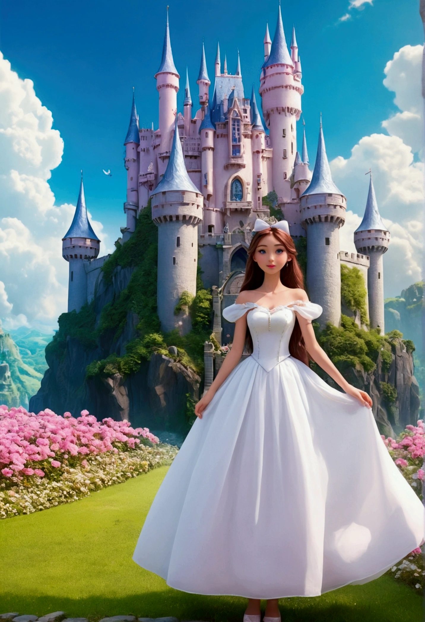Woman in white dress standing in front of castle, in style of disney animation, very magical and dreamy, beautiful anime scene, The most beautiful scenes, Wonderful wonderful composition, in white clouds fairyland, anime barbie in white, lost in a dreamy fairy landscape, A paradise like a fairyland, Beautiful and aesthetic, anime beautiful peace scene, magical flowers
