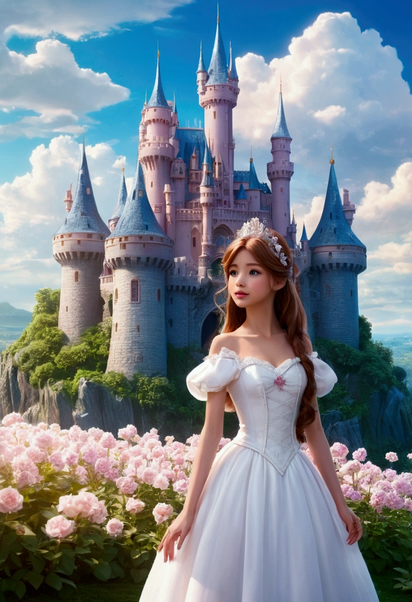 Woman in white dress standing in front of castle, in style of disney animation, very magical and dreamy, beautiful anime scene, The most beautiful scenes, Wonderful wonderful composition, in white clouds fairyland, anime barbie in white, lost in a dreamy fairy landscape, A paradise like a fairyland, Beautiful and aesthetic, anime beautiful peace scene, magical flowers