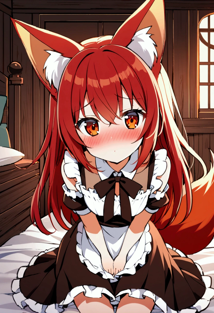 1girl with long red hair, amber eyes, fox ears, fox tail,maid uniform with shirt skirt and deep decolletage, blush shy face, bedroom, indoors, fantasy world house, red panties