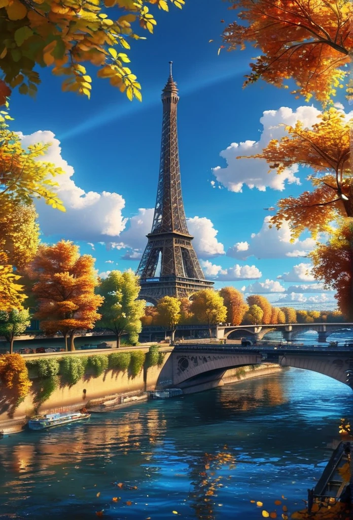 gangfeng,eiffel tower,paris other sight,sunny day,clouds,trees,seine river,bridge,autumn leaves,vibrant,clear weather,bright,scenic,nature,calm waters,idyllic.,