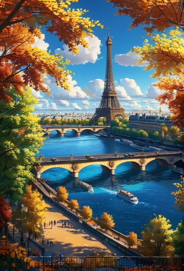 gangfeng,eiffel tower,paris other sight,sunny day,clouds,trees,seine river,bridge,autumn leaves,vibrant,clear weather,bright,scenic,nature,calm waters,idyllic.,