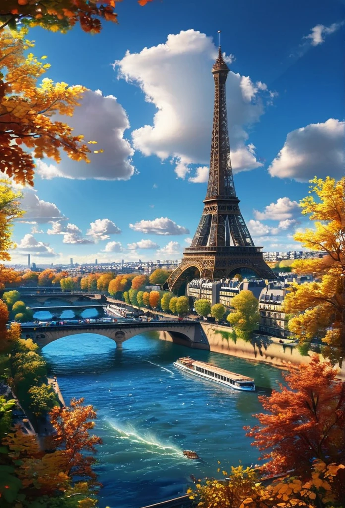 gangfeng,eiffel tower,paris other sight,sunny day,clouds,trees,seine river,bridge,autumn leaves,vibrant,clear weather,bright,scenic,nature,calm waters,idyllic.,