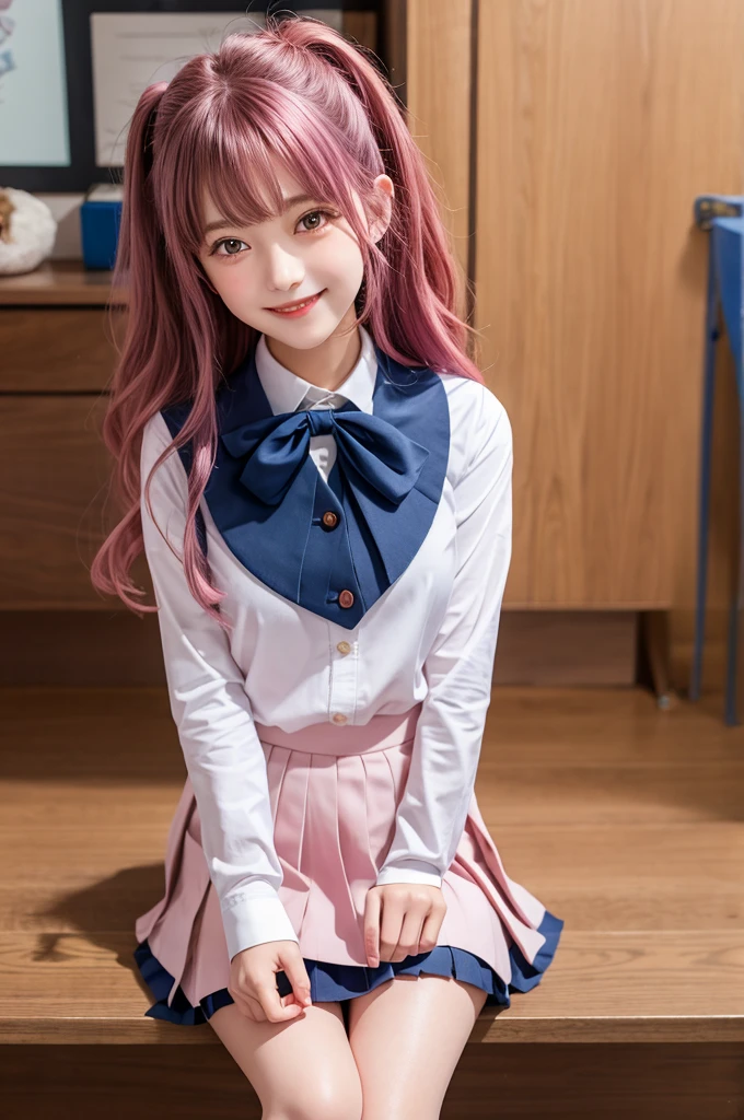 Highest quality,girl,high school girl,uniform,White blouse,Navy blue pleated skirt,Black knee-high, Brown and pink hair, Pink eyes,cute,Sitting,wavy hair,smile,