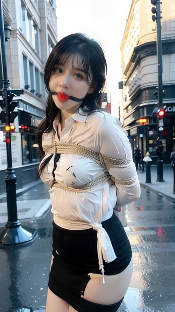 1lady standing, /(casual shirt/) (black pencil skirt:1.1) /(id card lanyard/), mature female, /(brown hair/) bangs, moaning, lips apart, blush, sexy, (masterpiece best quality:1.2) delicate illustration ultra-detailed BREAKER ballgag ,bondage (Shibari,hands tied behind back:1.5), (Shibari:1.21),Tied up(((Drooling)))(((The shirt is wet))(((Wet body)))(((On the street, many people look)))((((black sock)))