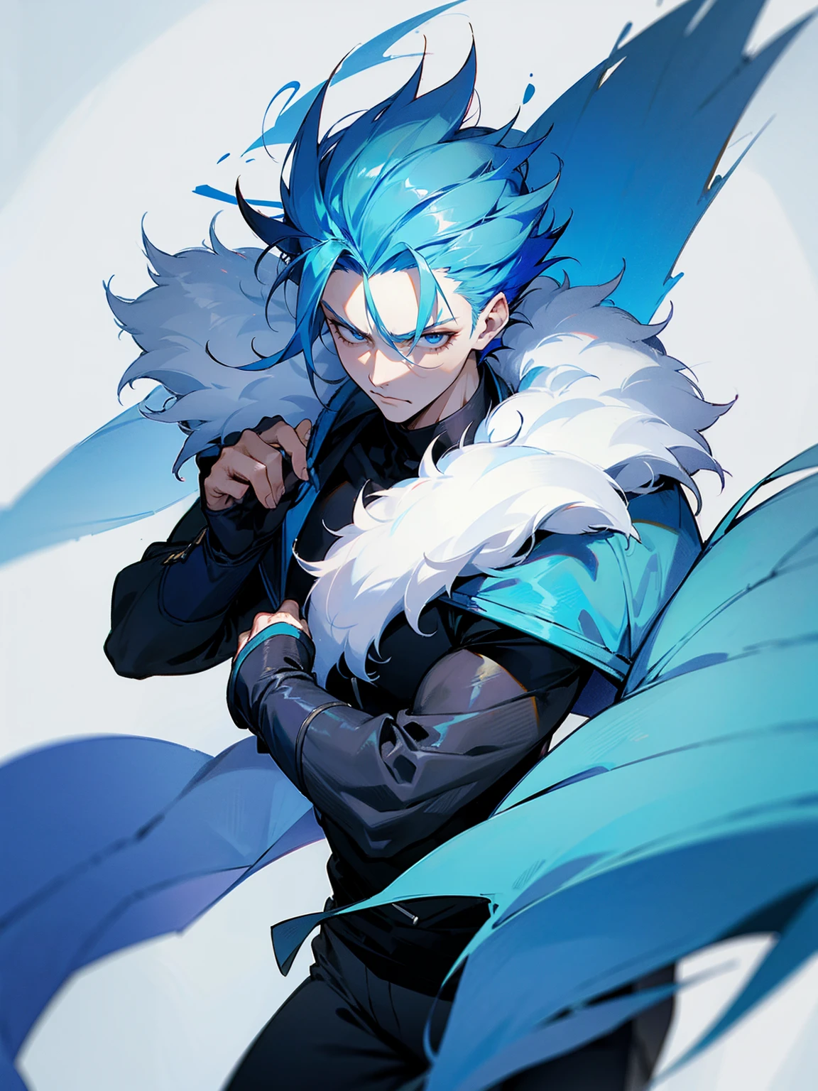 1male, adult, sky blue hair, Vergil hair, fur coat, black sweatpants, tired expression, lean build