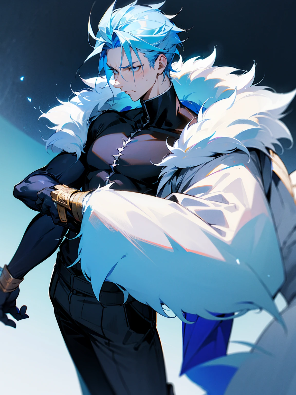 1male, adult, sky blue hair, Vergil hair, fur coat, black sweatpants, tired expression, lean build