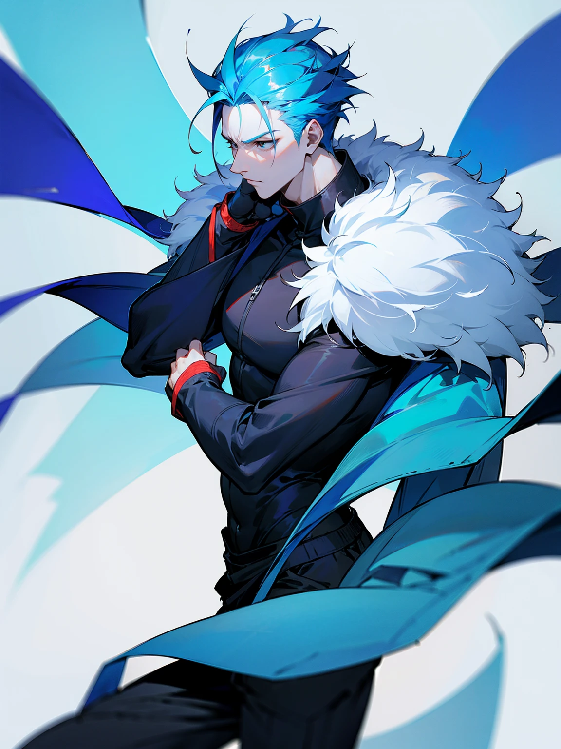 1male, adult, sky blue hair, Vergil hair, fur coat, black sweatpants, tired expression, lean build