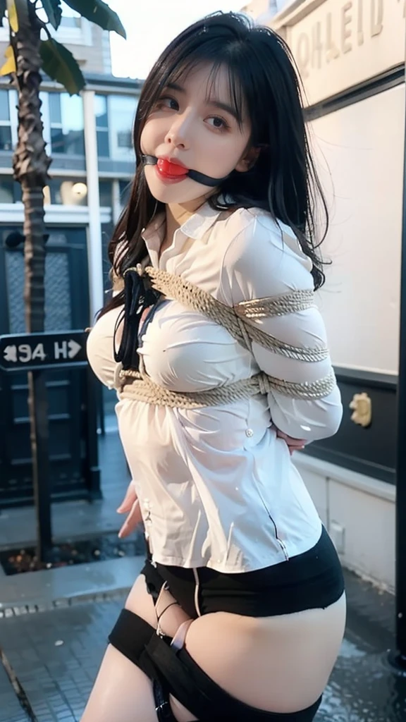 1lady standing, /(casual shirt/) (black pencil skirt:1.1) /(id card lanyard/), mature female, /(brown hair/) bangs, moaning, lips apart, blush, sexy, (masterpiece best quality:1.2) delicate illustration ultra-detailed BREAKER ballgag ,bondage (Shibari,hands tied behind back:1.5), (Shibari:1.21),Tied up(((Drooling)))(((The shirt is wet))(((Wet body)))(((On the street, many people look)))((((black sock)))