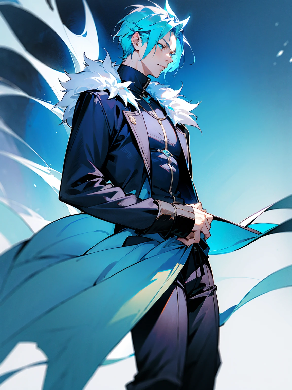 1male, adult, sky blue hair, Vergil hair, fur coat, black sweatpants, tired expression, lean build