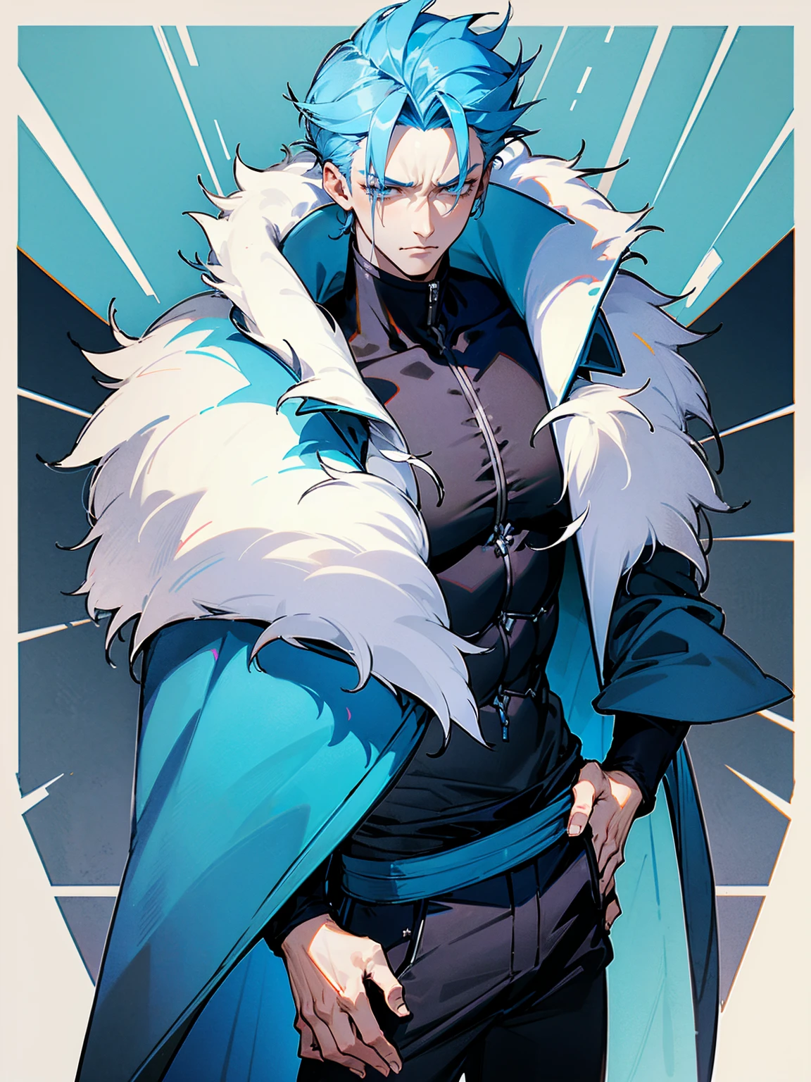 1male, adult, sky blue hair, Vergil hair, fur coat, black sweatpants, tired expression, lean build