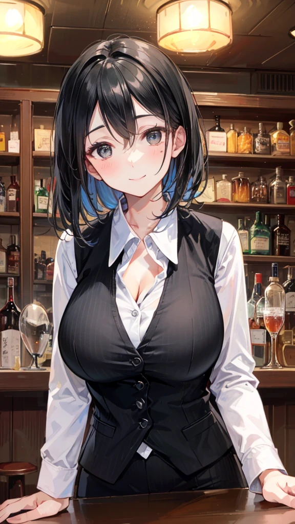 Browsing Caution, One mature woman, ((45 years old)), (Bartender at the bar:1.2), (Commer Best:1.2), BREAK (Black Commer Vest:1.6), (Large Breasts:1.2), (Very good), Cleavage, (Sexy Breasts:1.2), Facial wrinkles, BREAK wrinkles at the corners of the eyes, BREAK Long hair up hairstyle, Friendly and approachable expression, , BREAK Chic and calm bar background, Dim lighting, Vibrant atmosphere, Chic dim lighting, (Serving with a smile:1.2), (Focus on the left diagonal customer:1.2), Close-up shot, Capture the dynamic and social atmosphere of the bar, Nice hands, 8k, Highest quality, Realistic Style.Dress shirt、
