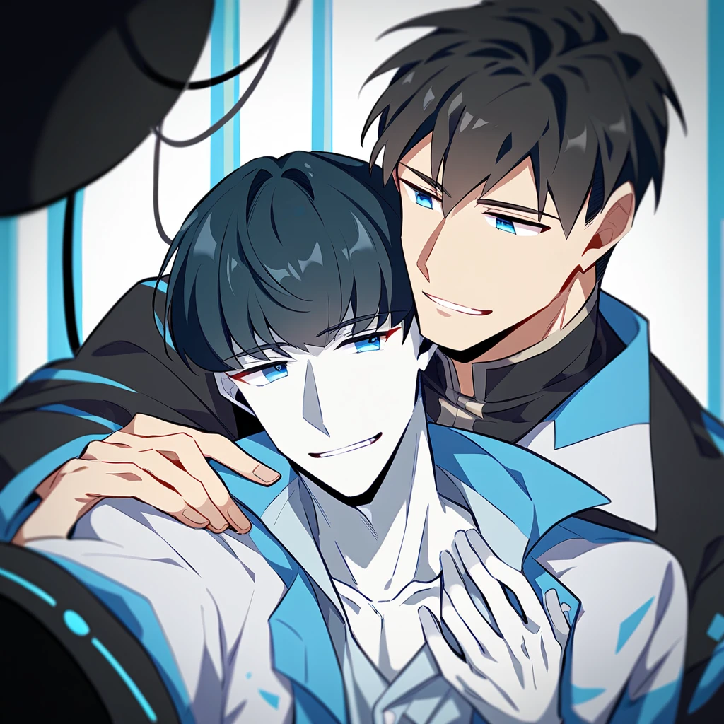 2 young men, focus man , Yaoi, pair,smile, (human ดวงตา 3 ดวง , The skin is gray, smooth and translucent. ), (human, black haired ,blue eyes ,white skin) , sci-fi, The best aesthetics , best quality, Amazing quality, The best aesthetics ,The background is a laboratory., spaceship
