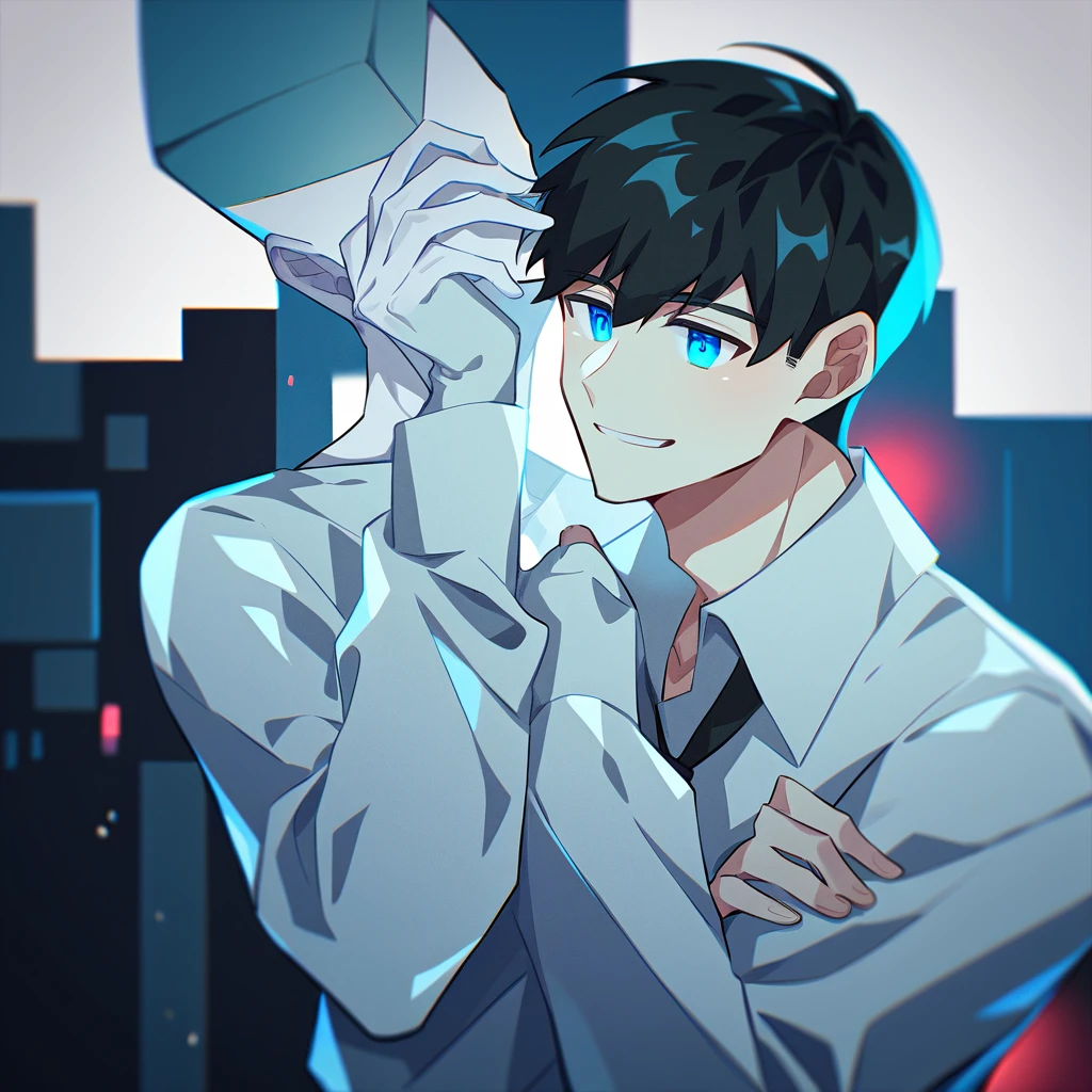 2 young men, focus man , Yaoi, pair,smile, (human ดวงตา 3 ดวง , The skin is gray, smooth and translucent. ), (human, black haired ,blue eyes ,white skin) , sci-fi, The best aesthetics , best quality, Amazing quality, The best aesthetics ,The background is a laboratory., spaceship