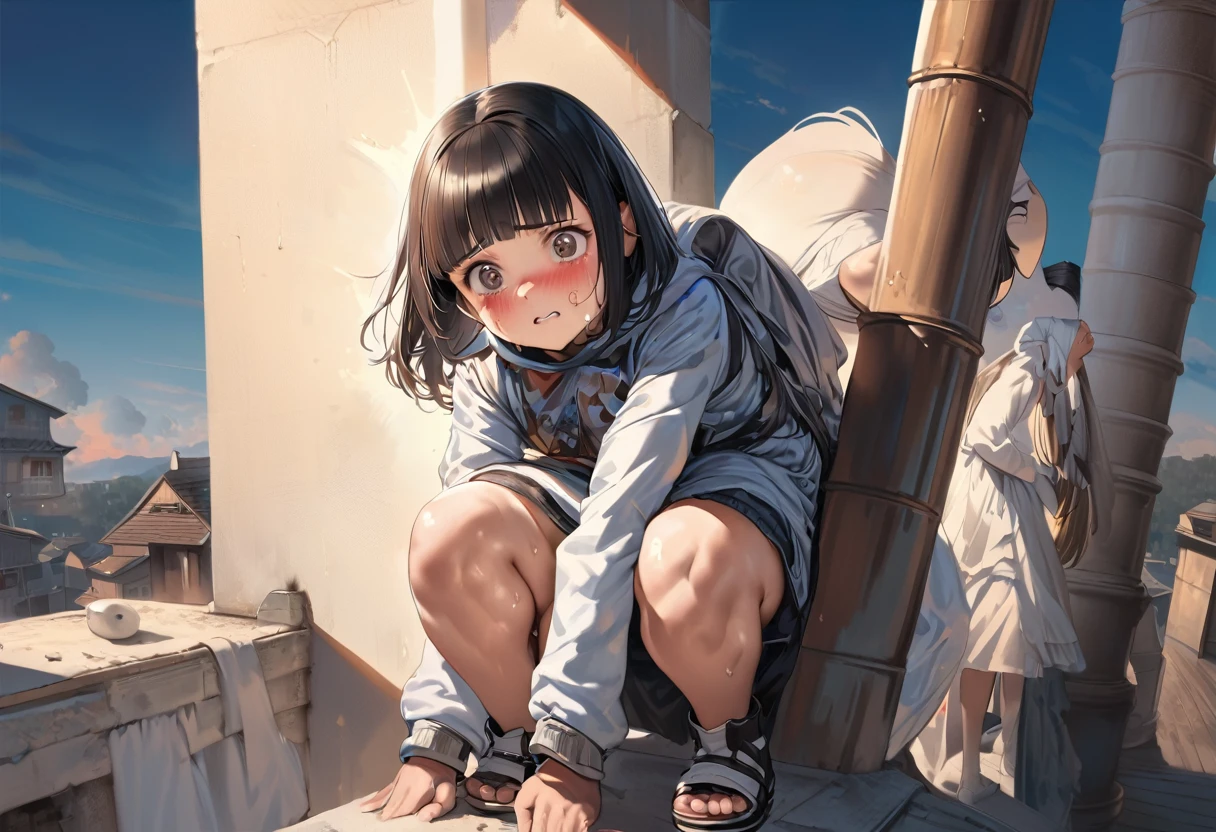 Anime girl with big ass riding on a pillar in the sky, hyperRealistic girl, a hyperRealistic girl, , Realistic girl, Anime girl crouching, 2b, 2b ..., Beautiful anime girl crouching, tits, thick, Lit from behind, [ 4k digital art ]!!, cute,Black Hair,10 years old,Are crying, Shiny wet skin!!, blush,Raise eyebrows,blunt bangs,Surprised expression,