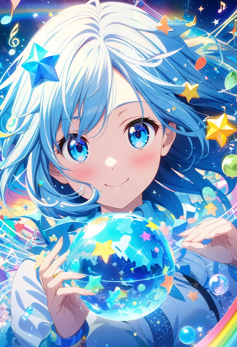 Anime style, ultra-detailed, 8K CG, blue-haired girl, smile, blue world, mysterious blue objects floating, star, musical note, rainbow