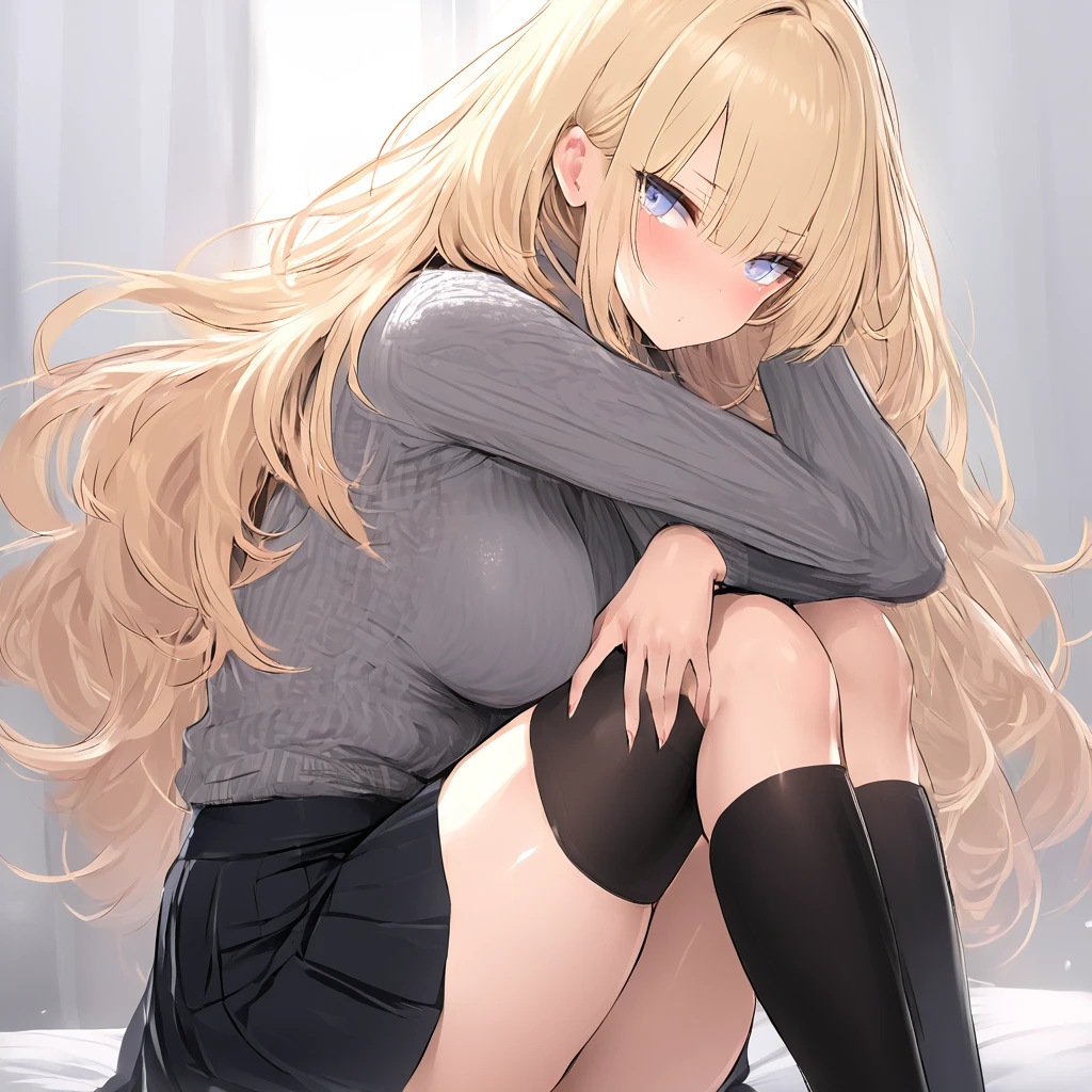 Masterpiece, Very detailed, Ultra-detailed, one beautiful woman, Beautiful woman - pleasant skin, Long blonde hair and bangs on the sides, bright eyes, gray knit sweater, black thigh socks, skirt