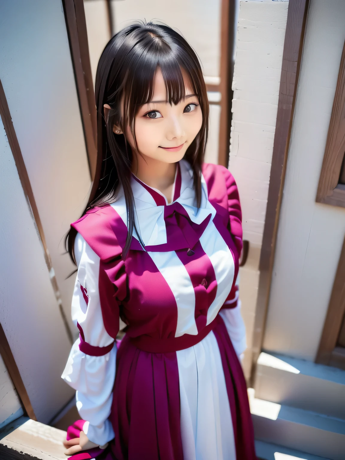 There is a woman standing on the stairs, Long black hair, Real young gravure idol, Young Japanese girl, Chiho, Shot with Canon EOS 5D, Hime cut hairstyle, Shot with Canon EOS R 6, Face that faithfully reproduces the face of LoRA, High resolution, Very detailed, Natural Bangs, highest quality