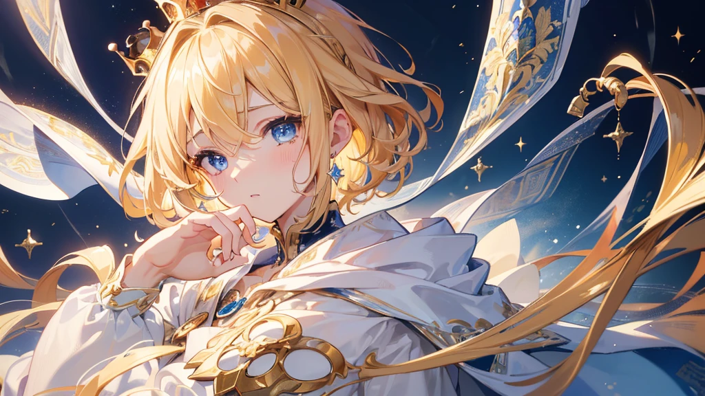 (Highest quality) (4K) (8k) (High resolution) (masterpiece:1.2) (Super detailed) One boy short hair Wizard Blue Eyes Long sleeve Golden decoration Hair between the eyes White Dress Wavy golden hair Upper Body (large crown) (White Background) profile Face close-up Are crying