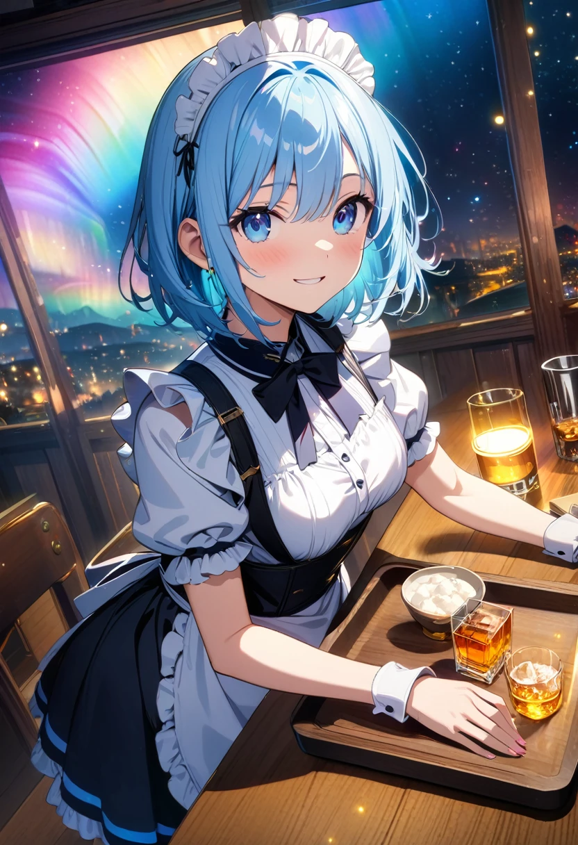 (wallpaper 8k CG), (masterpiece:1.4), (best quality), anime style, drawn, (maid), ((blue maid costume)), (((pale blue hair))), (blue eyes)(smile), (whisky, on a tray)), ((food, on the table)), ((Inside a Western restaurant)), (insanely detailed), (gold light effects:1.5), (looking at viewer:1.2), (rainbow aurora night sky,effects:1.3), (luminous particles:1.5),