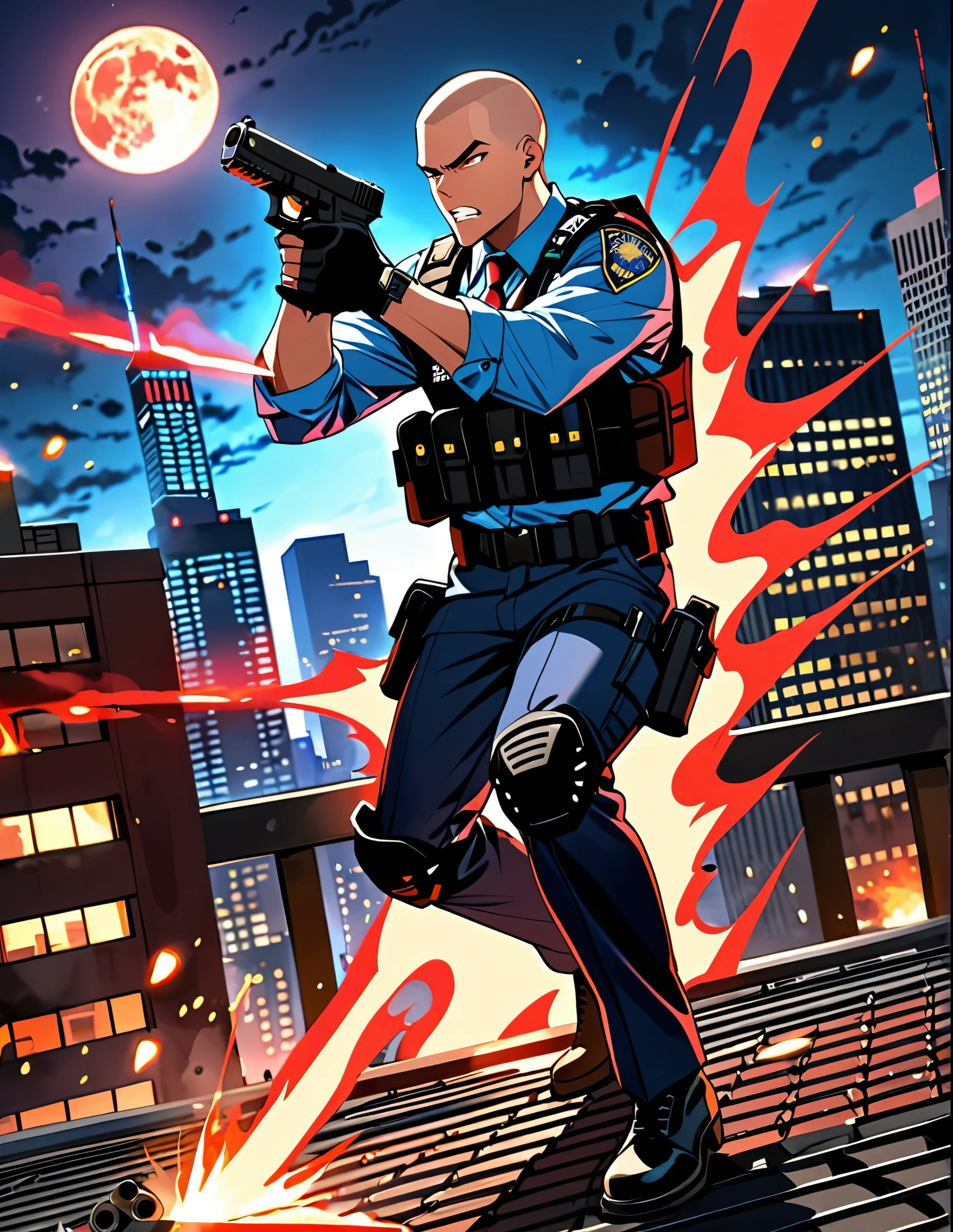 (masterpiece), (best quality), (high res), (solo, solo focus), 1male, male focus, mercenary, police officer, (red hair, short hair, buzz cut, bang), (brown eyes), (perfect hands, using gun, pistol, glock17, muzzle flash, shell casings from gun), matching fingerless black gloves, blue suit and pants, black necktie, black assault vest, black knee pads, black boots. dynamic action pose. new york backdrop, midnight, moon, rooftop, outdoors, standing, angry, clenched teeth, (his body surrounded by red aura). cowboy shot. full-body costume design.