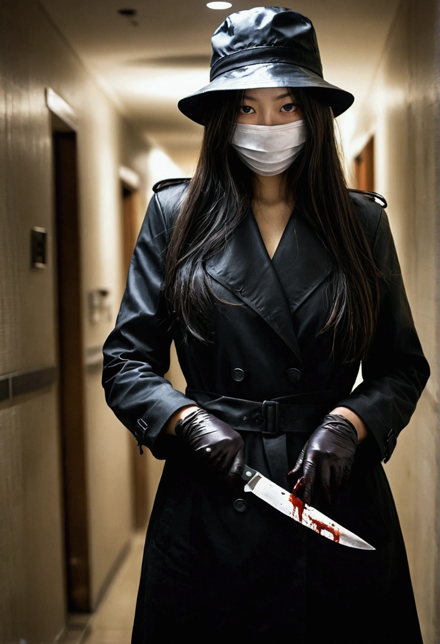 korean glamorous girl, (behind corpse, surgical mask), holding knife, stabbing, black leather gloves, tunnel full of blood, black trench coat, bucket hat, underground, holding knife, black gloves, behind corpse, blood splatter, very long hair, night, mass murderer, robbery, in the hotel, dark atmosphere, cinematic lighting, atmospheric realistic,
