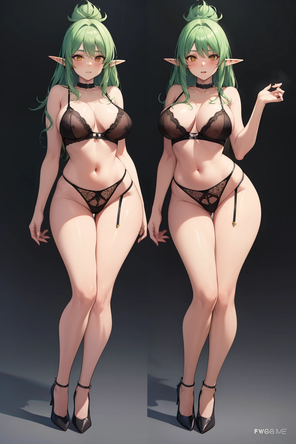 adult elf woman, yellow eyes, long shapely legs, giant breasts, slim body, green hair, Black erotic lingerie with lace, and high heels, 8k, hd, masterpiece, dynamic Posse body, white background