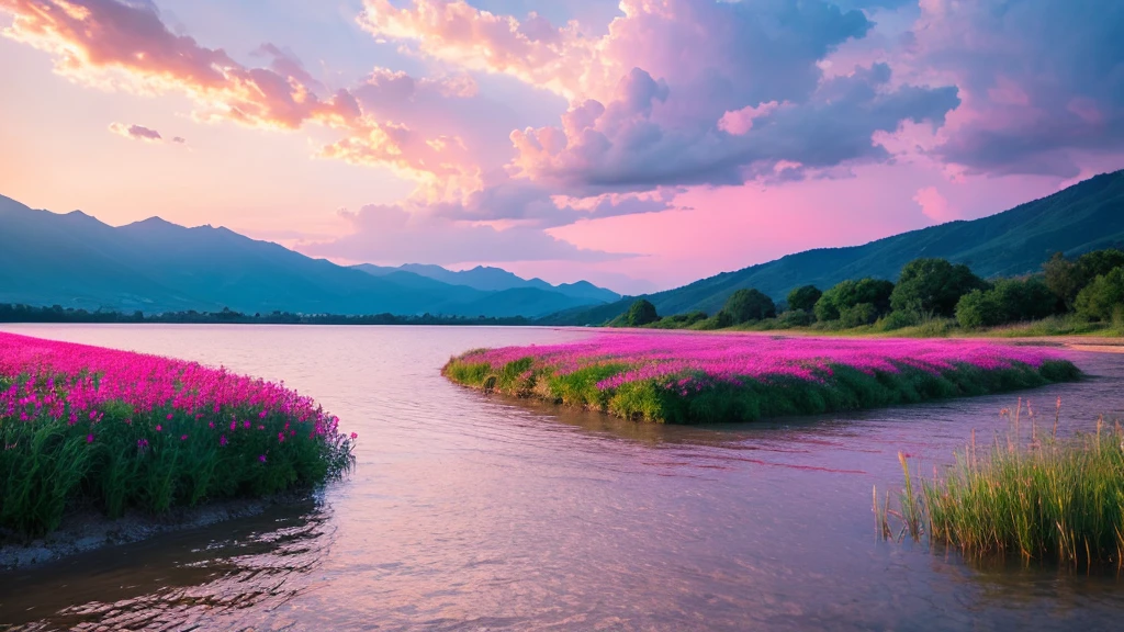 Beautiful landscape, sky, light, clearwater, summer, bule ,pink