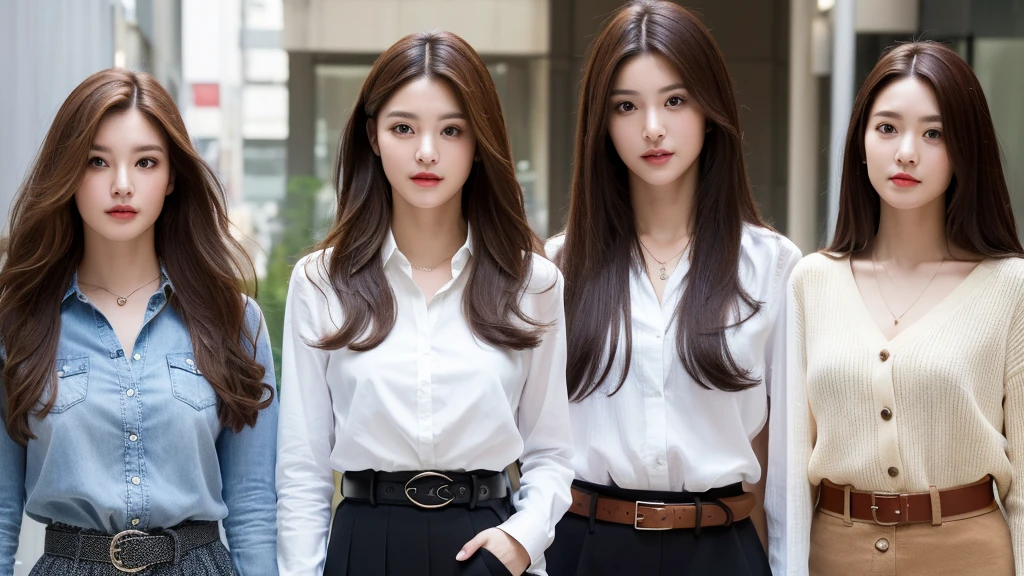 (best quality, high resolution, masterpiece :1.3), tall and pretty girl, slim abs, dark brown hair wavy style, chest, wearing pendants, white button-up shirt, belt, black skirt, (modern architecture on background), Delicately expressed details, face, Including skin texture, detailed eyes, double eyelid, whole body
