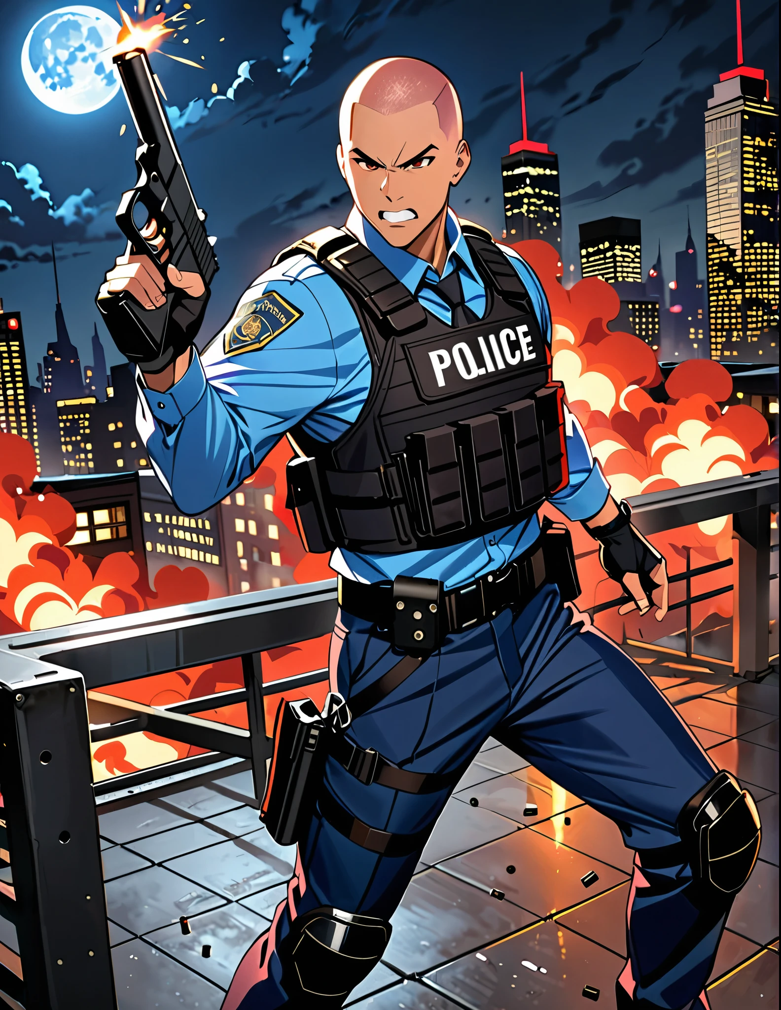 (masterpiece), (best quality), (high res), (solo, solo focus), 1male, male focus, mercenary, police officer, (red hair, short hair, buzz cut, bang), (brown eyes), (perfect hands, using gun, pistol, glock17, muzzle flash, shell casings from gun), matching fingerless black gloves, blue suit and pants, black necktie, black assault vest, black knee pads, black boots. dynamic action pose. new york backdrop, midnight, moon, rooftop, outdoors, standing, angry, clenched teeth, (his body surrounded by red aura). cowboy shot. full-body costume design.